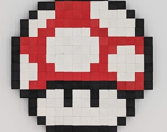 Mario Mushroom 8-bit Wooden Pixel Art - Etsy