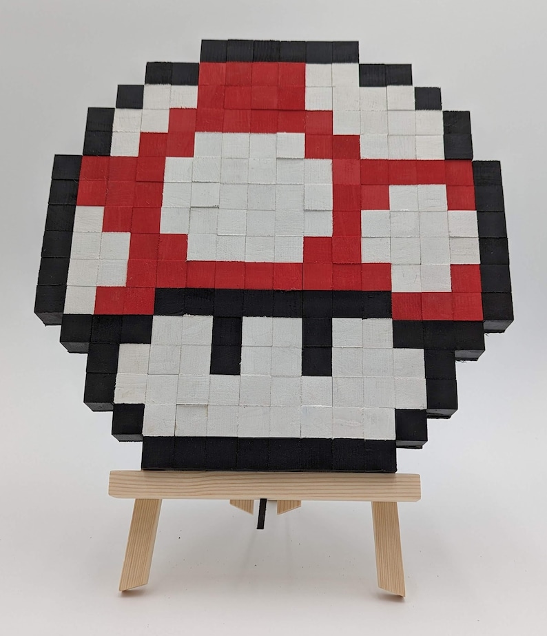 Mario Mushroom 8-bit Wooden Pixel Art - Etsy