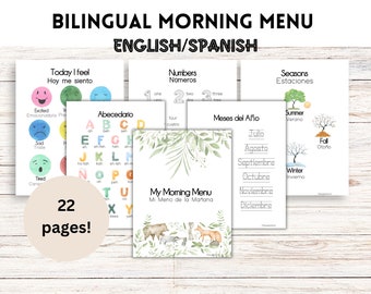 May include: A set of 22 printable pages for teaching English and Spanish to children. The pages feature colorful illustrations of animals, numbers, letters, seasons, and months of the year. The text includes the words "Today I feel", "Numbers", "Seasons", "Abecedario", "Meses del Afio", "My Morning Menu", and "22 pages!"
