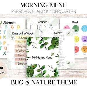 Morning Menu Homeschool Printable Educational Worksheets Preschool and Kindergarten Morning Basket Morning Time Busy Book Bugs and Nature