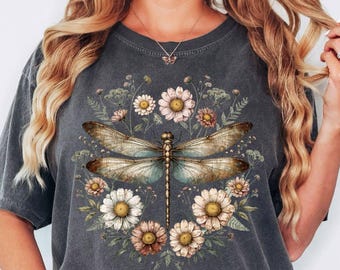 Comfort Colors® Dragonfly Shirt, Vintage Floral Dragonfly Shirt, Cottagecore Shirt, Botanical Insect Shirt, Nature Lover Gift Shirt