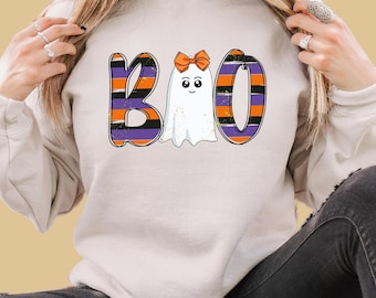 Cute Ghost Boo Halloween Sweatshirt, Fall Spooky Season Crewneck, Striped Letters Pumpkin Sweatshirt, Cozy Halloween Outfit Gift for Her