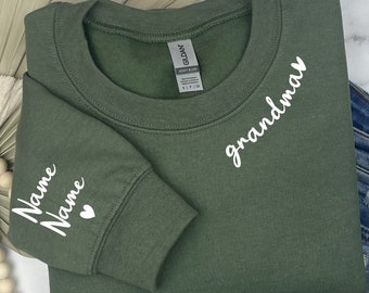 Custom Grandma Sweatshirt with Grandkid Name on Sleeve, Custom Grandkids Name Sweater, Personalized Grandmother Sweatshirt, Gift For Grandma