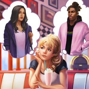 Puede incluir: Una joven está sentada en un puesto de comida rápida, pensativa. Tiene un batido en la mano y dos burbujas de pensamiento sobre su cabeza. Una burbuja de pensamiento muestra a una mujer con el pelo largo y negro que lleva una chaqueta morada, y la otra burbuja de pensamiento muestra a un hombre con el pelo corto y negro que lleva una chaqueta rosa con una raya arcoíris.