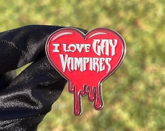 I Love Gay Vampires Pin | Soft Enamel | Badge | Lapel | LGBT | Fang | Yaoi | Halloween | Rainbow | Dracula | Heart | Blood