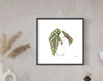 Puede incluir: Una ilustración enmarcada de una planta de lunares en un jarrón de vidrio transparente. La planta tiene hojas verdes con manchas blancas y tallos rojos. La ilustración está sobre un fondo blanco.
