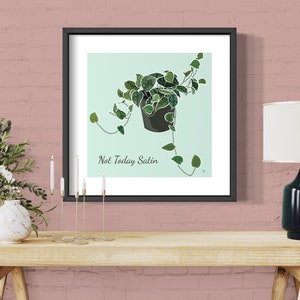 Puede incluir: Una impresión enmarcada con un fondo verde claro que presenta una planta en maceta con hojas verdes y plateadas. El texto "Not Today Satin" está impreso debajo de la planta.