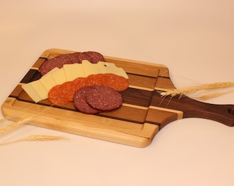 Multiwood Charcuterie Board with Handle: Maple, Cherry, Walnut