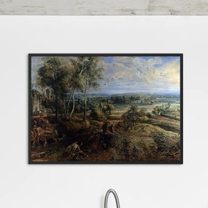 Può includere: Dipinto di paesaggio incorniciato con bordo nero. L'opera raffigura una scena pastorale con alberi, figure e una vista distante di un fiume e del cielo. Il dipinto è esposto in un ambiente cucina moderno.