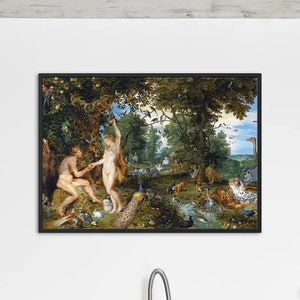 Può includere: Una stampa incorniciata di un dipinto classico raffigurante Adamo ed Eva nel Giardino dell'Eden. L'opera presenta una vegetazione lussureggiante, vari animali e figure in una composizione dettagliata e colorata. Il dipinto è esposto in un ambiente cucina moderno.