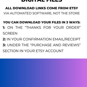 May include: A purple and blue gradient background with white text explaining how to download digital files purchased from Etsy. The text says "Downloading Your Digital Files" and "All download links come from Etsy via automated software, not the store."  The text also says "You can download your files in 3 ways:" and lists three ways to download files: 1. On the "Thanks for your order" screen, 2. In your confirmation email/receipt, and 3. Under the "Purchase and Reviews" section in your Etsy account.