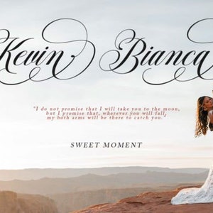 May include: A wedding photo of a couple embracing on a cliff overlooking a desert landscape. The bride is wearing a white lace dress and the groom is wearing a black suit. The photo is captioned with the text "Kevin & Bianca" and a quote about love and commitment.