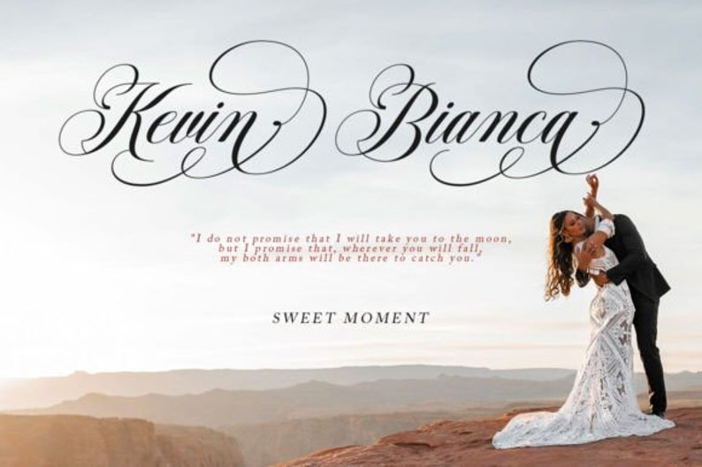 May include: A wedding photo of a couple embracing on a cliff overlooking a desert landscape. The bride is wearing a white lace dress and the groom is wearing a black suit. The photo is captioned with the text "Kevin & Bianca" and a quote about love and commitment.