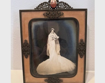 Antique French Ormolu Filigree Bronze & Velvet 8x10 Ornate Picture Frame