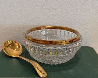 Ciotola in cristallo al piombo inciso in oro vintage William Adams con cucchiaio placcato in argento