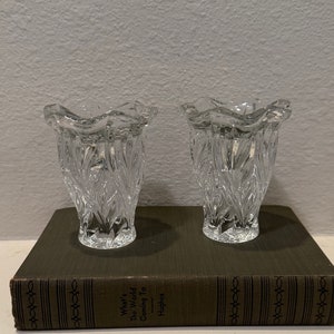 Vintage Pair of Oneida Tulip Shaped Heavy Cut Crystal Clear Candlestick Holders