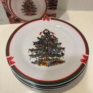 Vintage Topco Ribbon & Tree Christmas Holiday Porcleian Cake Plates (Set of 4)