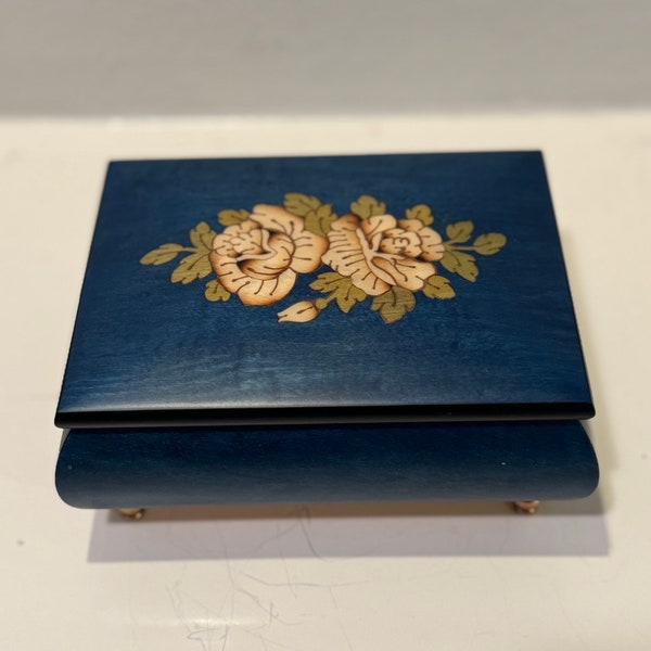 Gorgeous Vintage Matte Blue Floral Wood Inlaid Italian Jewelry Music Box- Torna a Sorrento