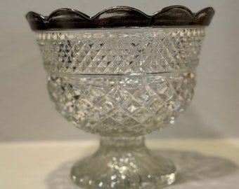 Vintage Anchor Hocking Wexford Pedestal Cut Crystal Bowl with Scalloped Sterling Silver Overlay