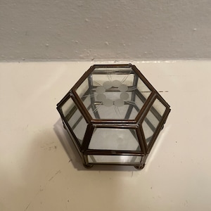 Vintage Hexagonal Brass Trinket/Jewelry Etched Glass Box