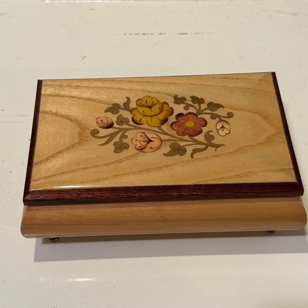 Pretty Vintage Tan Floral Wood Inlaid Italian Jewelry Music Box- Santa Louisa