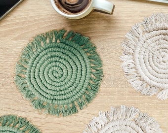 Macrame Woven Coaster with Fringe, 5", Individual or Set