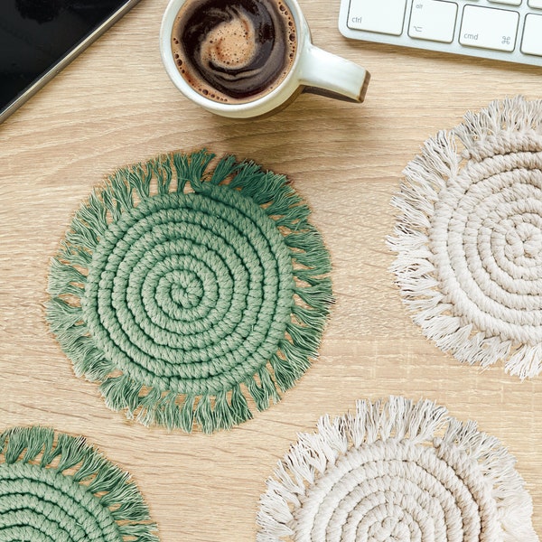 Macrame Woven Coaster with Fringe, 5", Individual or Set