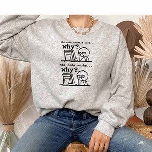 Può includere: Una felpa grigia con una grafica divertente di un omino stilizzato davanti a un computer. Il testo recita "the code doesn't work... why?" e "the code works... why?"