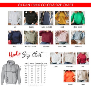 Pu&ograve; includere: Una tabella delle taglie per felpe con cappuccio Gildan 18500, che mostra diversi colori e taglie. La tabella include le misure di larghezza, lunghezza e manica in pollici.