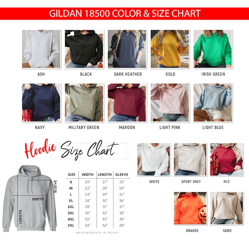 Pu&ograve; includere: Una tabella delle taglie per felpe con cappuccio Gildan 18500, che mostra diversi colori e taglie. La tabella include le misure di larghezza, lunghezza e manica in pollici.