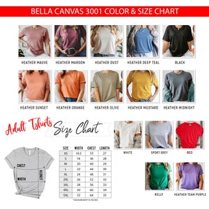 以下が含まれることがあります： ベラキャンバス3001の大人用Tシャツのサイズチャートで、インチで測定されています。チャートには、ヘザーモーヴ、ヘザーマロン、ヘザードゥスト、ヘザーディープティール、ブラック、ヘザースンセット、ヘザーオレンジ、ヘザーオリーブ、ヘザーマスタード、ヘザーミッドナイト、ホワイト、スポーツグレー、レッド、ケリー、ヘザーチームパープルなど、さまざまな色のTシャツが表示されています。