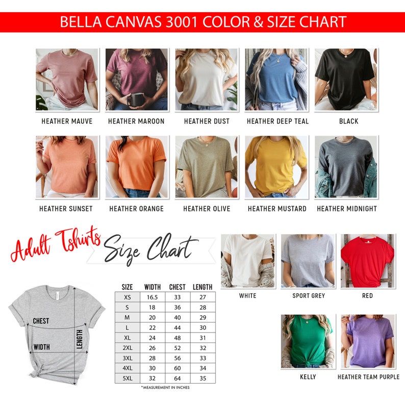 以下が含まれることがあります： ベラキャンバス3001の大人用Tシャツのサイズチャートで、インチで測定されています。チャートには、ヘザーモーヴ、ヘザーマロン、ヘザードゥスト、ヘザーディープティール、ブラック、ヘザースンセット、ヘザーオレンジ、ヘザーオリーブ、ヘザーマスタード、ヘザーミッドナイト、ホワイト、スポーツグレー、レッド、ケリー、ヘザーチームパープルなど、さまざまな色のTシャツが表示されています。
