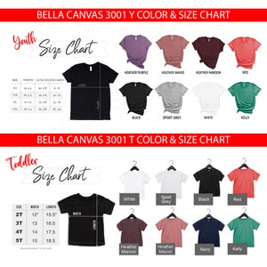 以下が含まれることがあります： ベラキャンバス3001の子供用と幼児用Tシャツのサイズチャート。チャートは、各サイズの長さと幅の寸法をインチで示しています。チャートには、ヘザーパープル、ヘザーモーブ、ヘザーマロン、レッド、ブラック、スポーツグレー、ホワイト、ケリー、ネイビーなど、シャツに使用できるさまざまな色が表示されています。