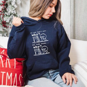 Pu&ograve; includere: Una felpa con cappuccio blu navy con una grafica bianca di un omino stilizzato davanti a un computer. Il testo sulla felpa recita "the code doesn't work... why?" e "the code works... why?"