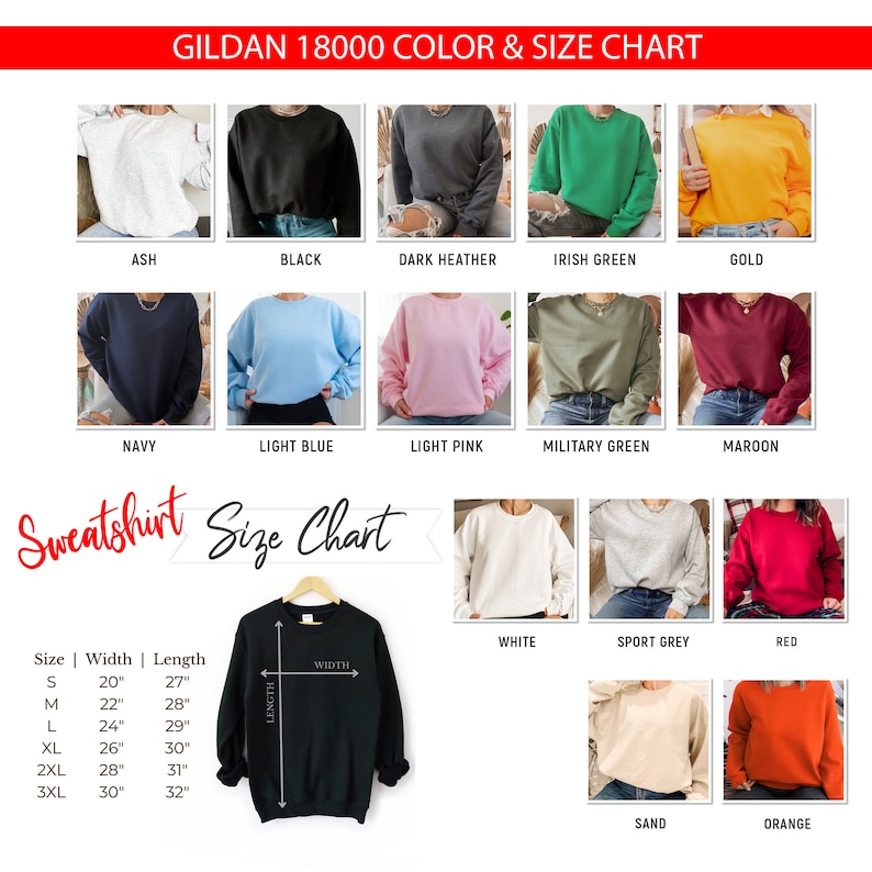 K&ouml;nnte beinhalten: Eine Gr&ouml;&szlig;entabelle f&uuml;r Gildan 18000 Sweatshirts, die die verschiedenen verf&uuml;gbaren Farben und Gr&ouml;&szlig;en zeigt. Die Tabelle enth&auml;lt die Ma&szlig;e f&uuml;r Breite und L&auml;nge in Zoll. Die gezeigten Farben sind Asche, Schwarz, Dunkelgrau meliert, Irischgr&uuml;n, Gold, Marine, Hellblau, Hellrosa, Milit&auml;rgr&uuml;n, Rotbraun, Wei&szlig;, Sportgrau, Rot, Sand und Orange.