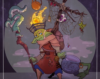 May include: A green goblin-like creature with a flaming headpiece, holding a staff and wearing a red and brown robe. The creature is surrounded by various magical items, including a teapot, a web, and a cauldron.