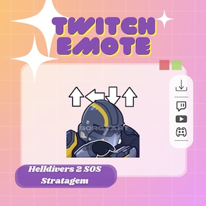 May include: A Twitch emote featuring a cartoon character wearing a black and yellow helmet with the text "Borgarf" on it. The character is holding a gun and is surrounded by arrows pointing up and to the left. The text "Helldivers 2 SOS Stratagem" is below the character.