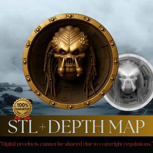 May include: A gold-colored Predator mask design within a circular frame, with a second, grayscale version to the right. The image includes the text "STL + DEPTH MAP" and a guarantee badge. The background is a misty landscape.