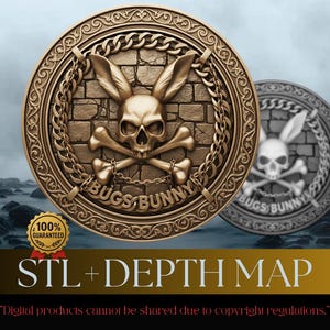 Può includere: Due medaglioni circolari dettagliati con un teschio con orecchie da coniglio e ossa incrociate. Il testo "BUGS BUNNY" è inciso su ogni medaglione. Uno è dorato, l'altro argentato. L'immagine include anche il testo "STL + DEPTH MAP".
