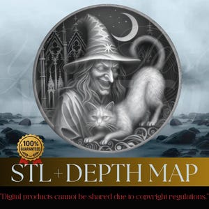 Puede incluir: Ilustración en escala de grises de una bruja y un gato dentro de un marco circular. La bruja lleva un sombrero puntiagudo, con una luna y estrellas en el fondo. El texto "STL + DEPTH MAP" se muestra debajo, con una insignia de garantía.