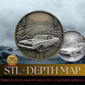 May include: A detailed bronze-colored medallion featuring a classic muscle car on a drag strip, with a second, smaller medallion to the right. The text "STL + DEPTH MAP" is below the medallions, with a guarantee badge. The background is a cloudy, moody landscape.