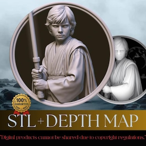 Puede incluir: Representación 3D de una figura sosteniendo un sable de luz, enmarcada dentro de un borde circular. La figura lleva una túnica. Una segunda imagen más pequeña de la figura es visible en el fondo. El texto "STL + DEPTH MAP" se muestra debajo.