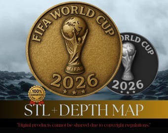 May include: A gold-colored FIFA World Cup 2026 coin with the trophy in the center. The coin is set against a blurred background of a rocky landscape. The text "STL + DEPTH MAP" is displayed below the coin.