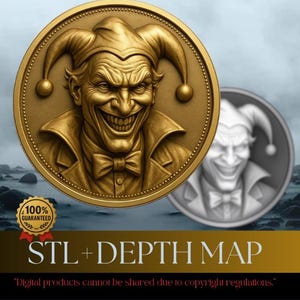 Dieptekaart munt | Hoogtekaart | 3D-lasergravure | Xtool | STL- en png-bestanden | Grijswaarden | CNC-munt | Dieptekaart Joker Coin I