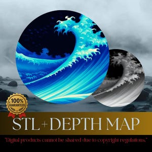 Dieptekaart | Hoogtekaart | 3D-lasergravure | Xtool | STL- en png-bestanden | Grijswaarden | CNC | Dieptekaart Hokusai I