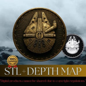 May include: A bronze-toned medallion depicting the Millennium Falcon starship, with a smaller, silver-coloured version to the right. The text "STL + DEPTH MAP" is displayed below, with a guarantee badge and a copyright notice.