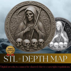 Pode incluir: Uma escultura em relevo circular detalhada com a Morte segurando uma foice e um rosário, com caveiras na base. Uma imagem semelhante menor está no fundo. O texto "STL + DEPTH MAP" é exibido abaixo.