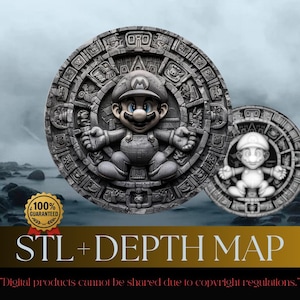 Può includere: Una scultura a rilievo grigia e circolare con un personaggio dei cartoni animati con un cappello, su uno sfondo nuvoloso. Una versione più piccola della scultura è a destra. Il testo "STL + DEPTH MAP" è visibile.