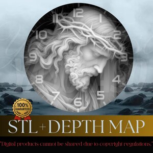 Könnte beinhalten: Graustufenbild mit einem Zifferblatt, das eine Figur mit einer Dornenkrone zeigt. Das Zifferblatt hat römische Ziffern. Das Bild enthält den Text "STL + DEPTH MAP" und "Digital products cannot be shared due to copyright regulations."