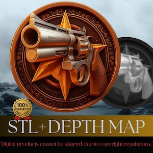 Könnte beinhalten: Detaillierte Illustration eines Revolvers, platziert auf einem bronzefarbenen kreisförmigen Emblem mit Sternmuster. Das Bild enthält den Text "STL + DEPTH MAP" und ein Garantiesiegel.
